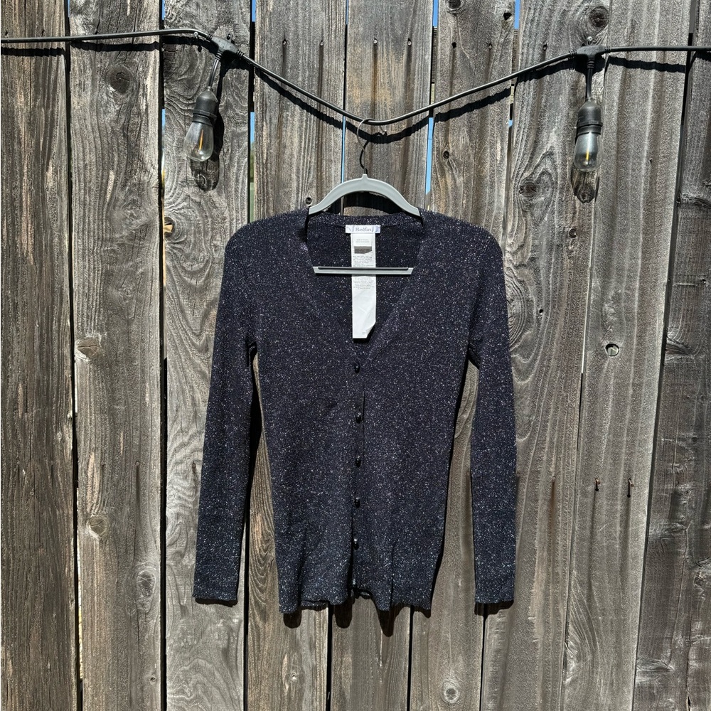 MaxMara Sparkly Navy Blue Button Down V Neck Stretchy Wool Cardigan medium